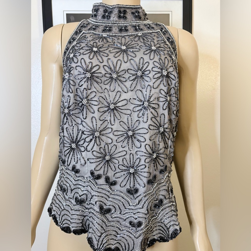 ❎ SOLD❌ Vintage Papell Boutique Evening Silk Top with Black and Silver